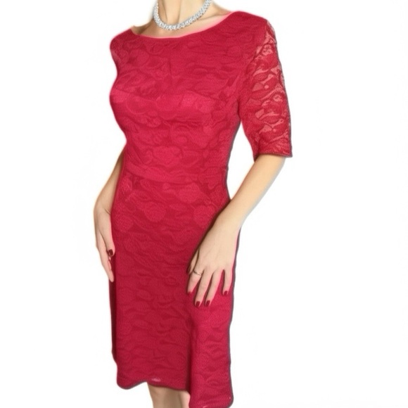 TALBOTS Romantic Red Lace Dress Half Sleeve Midi A Line Classic Lined Sz 2/4 - Picture 1 of 13